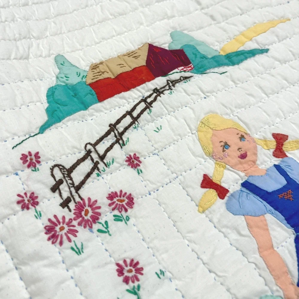 C.1930s Hand Appliqué Quilt Farm Children Pictorial Folk Art 63.5